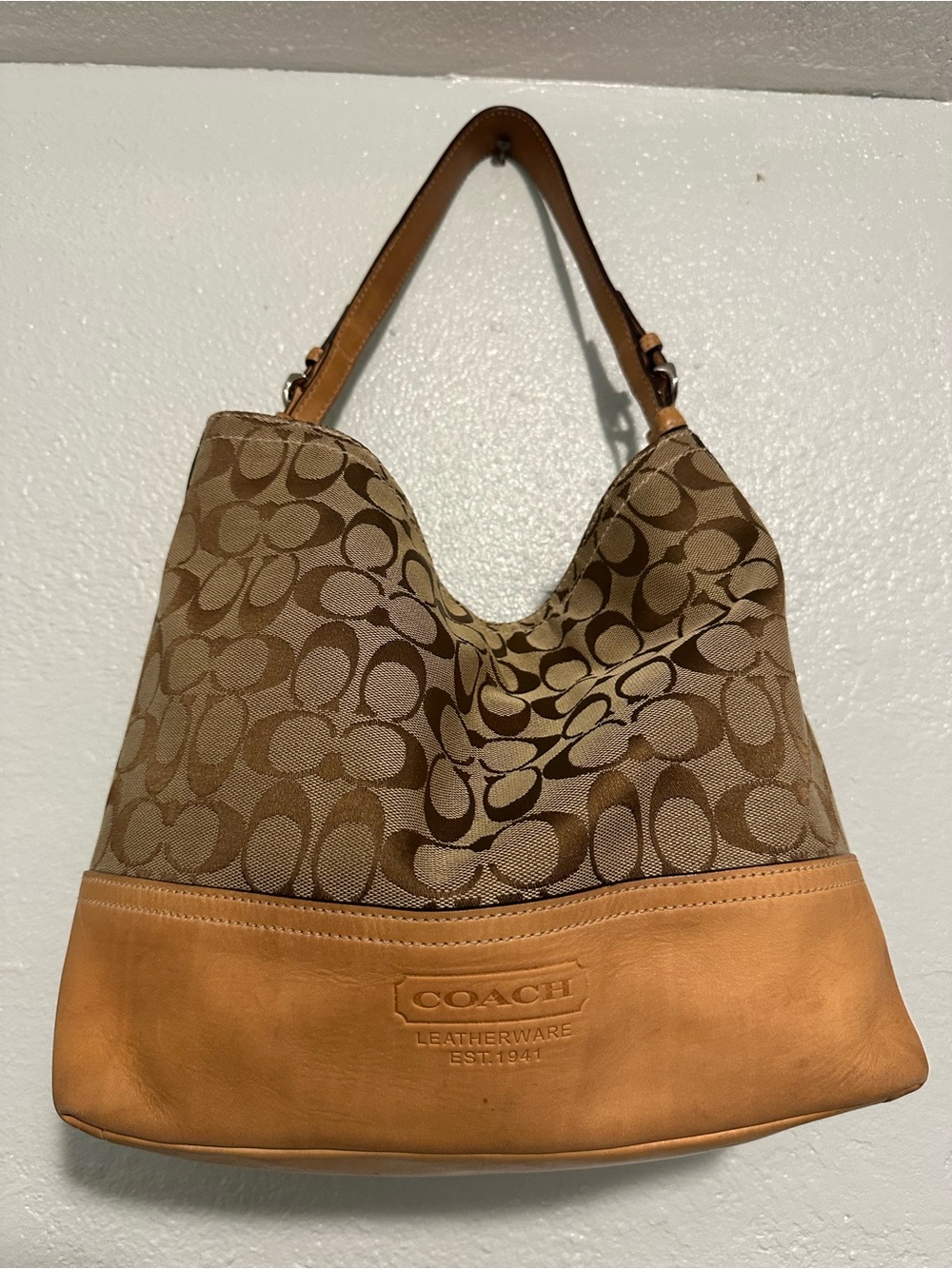 Coach Brown Signature Canvas Hobo with Tan Leather Trim